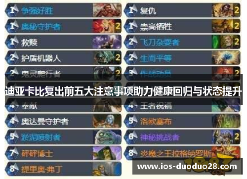 迪亚卡比复出前五大注意事项助力健康回归与状态提升